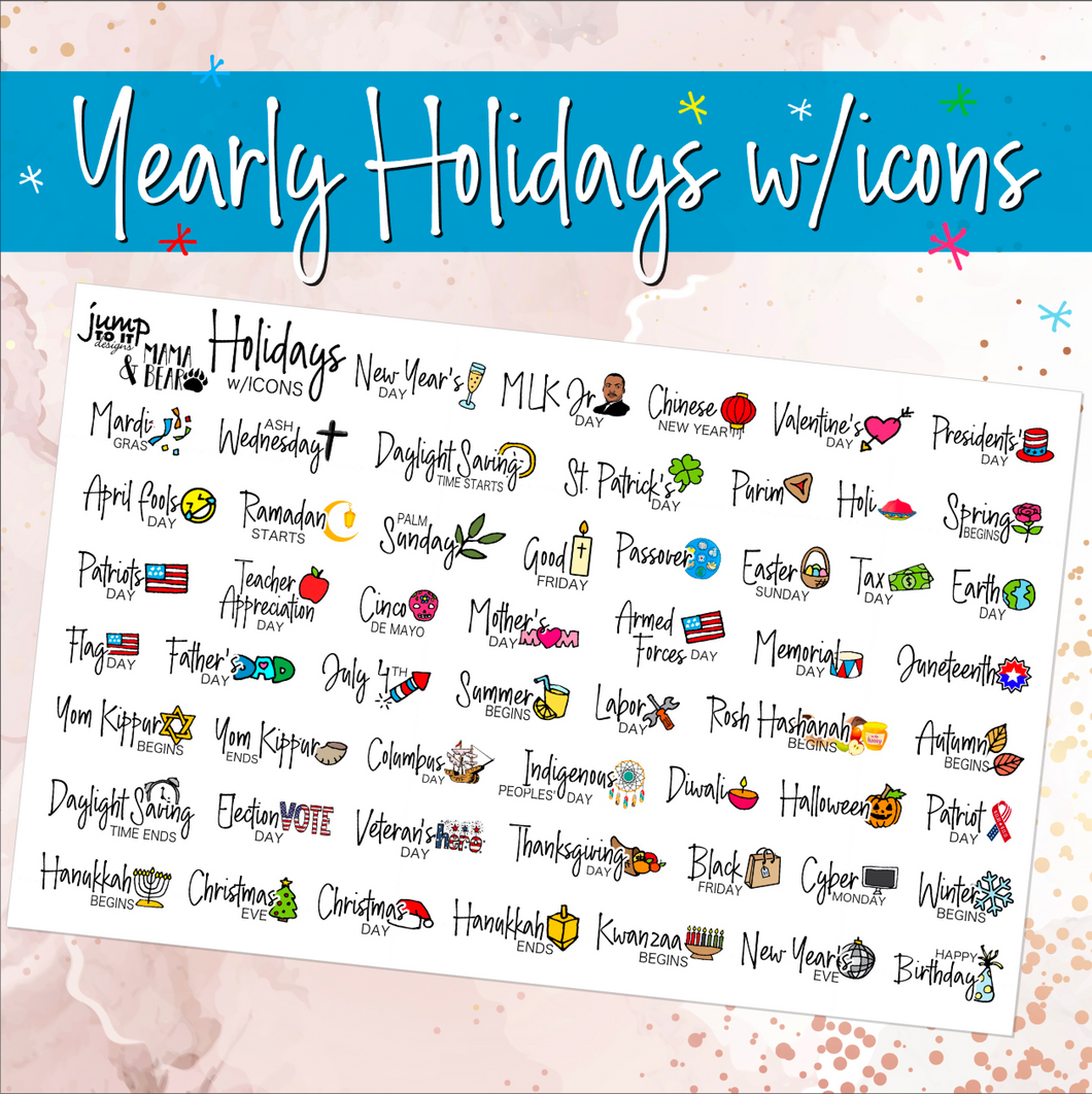 Holiday stickers w/ Icons planner calendar (S-115-2) – Jump To It